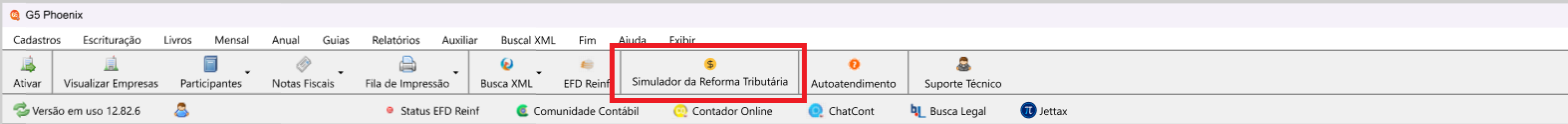 Menu principal do sistema, com destaque para o botão 'Simulador da reforma tributária' na aba 'Ajuda'.