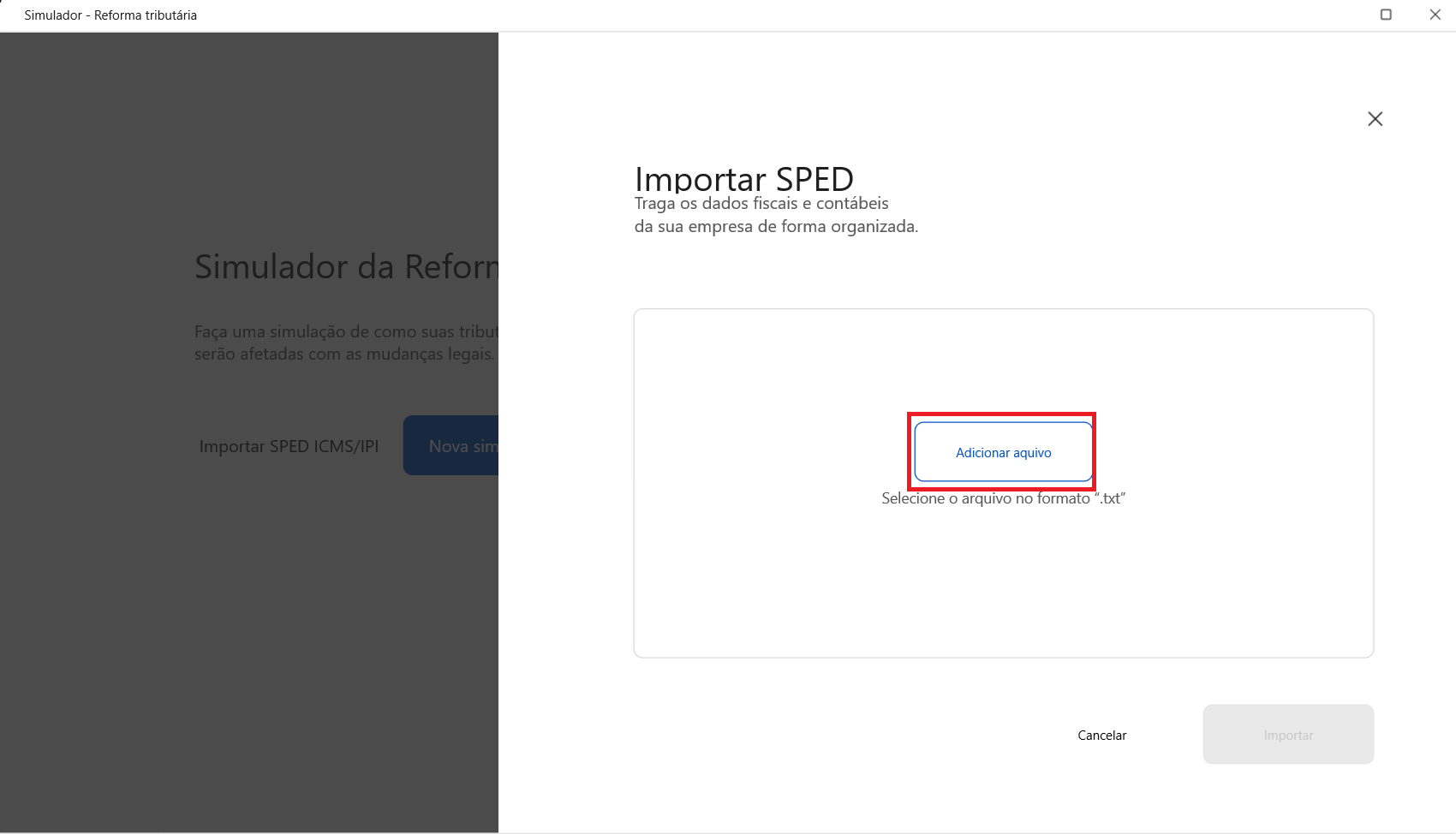 Pop-up do importador SPED. O botão 'Adicionar arquivo' está em destaque para que o usuário selecione o arquivo .txt com os dados fiscais.