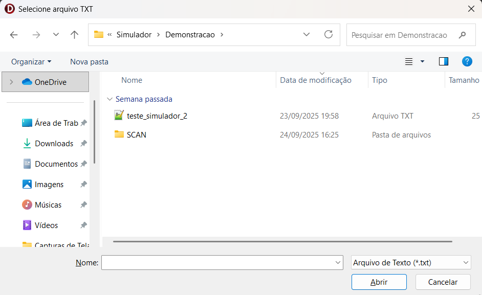 Janela do explorador de arquivos para selecionar um arquivo de texto. O botão 'Abrir' é a ação principal para confirmar o arquivo a ser importado.