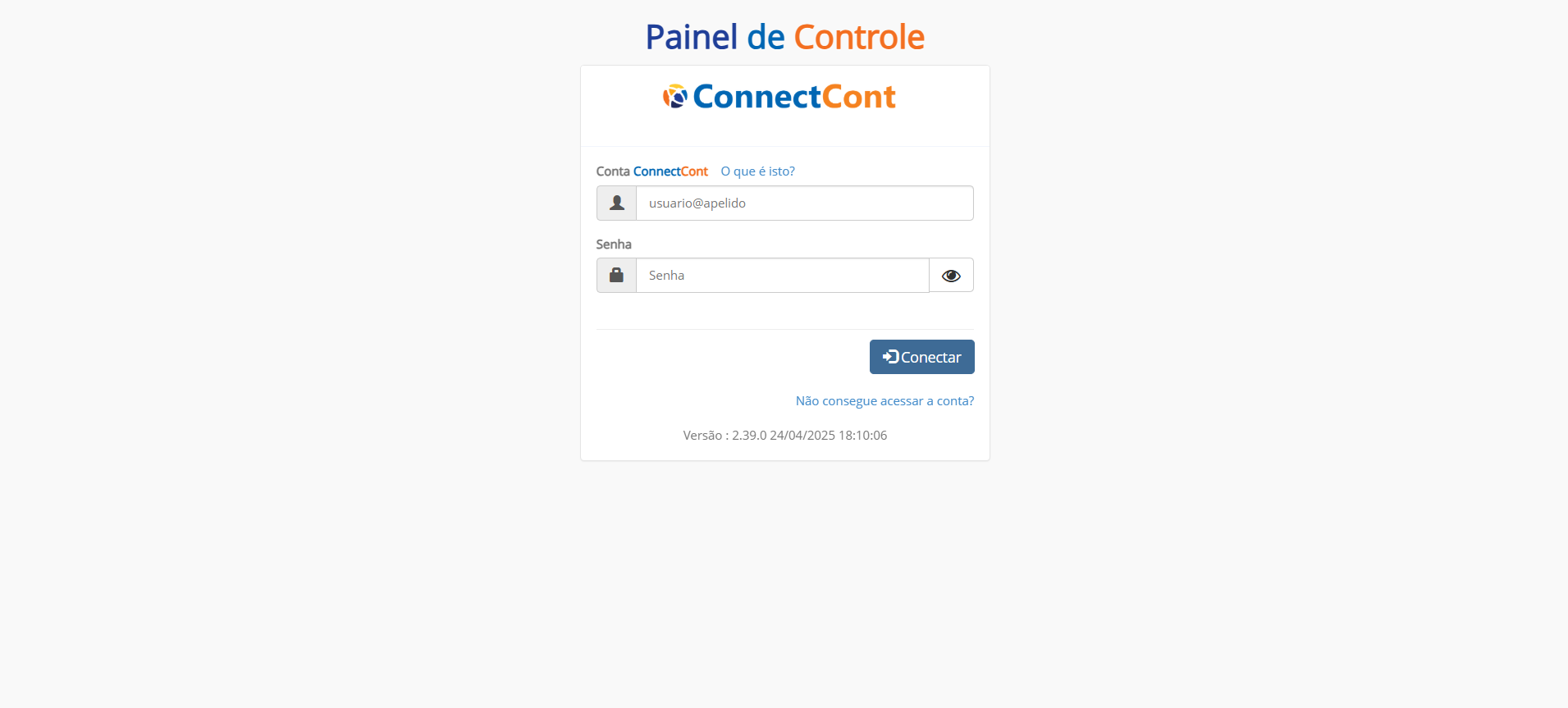 Tela de login do painel de controle Connectcont. Destaca os campos 'Conta Connectcont', 'Senha' e o botão 'Conectar' para acesso administrativo.