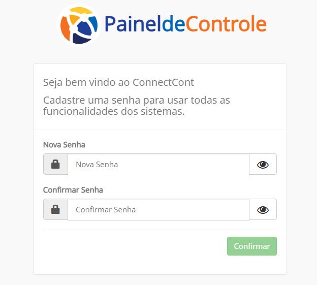 Tela de boas-vindas ao Connectcont, solicitando o cadastro e a confirmação de uma nova senha para acessar as funcionalidades do sistema.