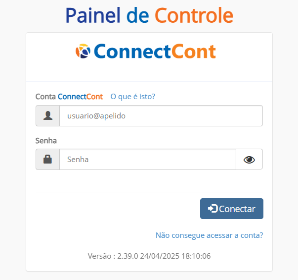 Tela de login do painel de controle Connectcont, com os campos 'usuario@apelido' e 'Senha' para preenchimento e o botão para conectar.
