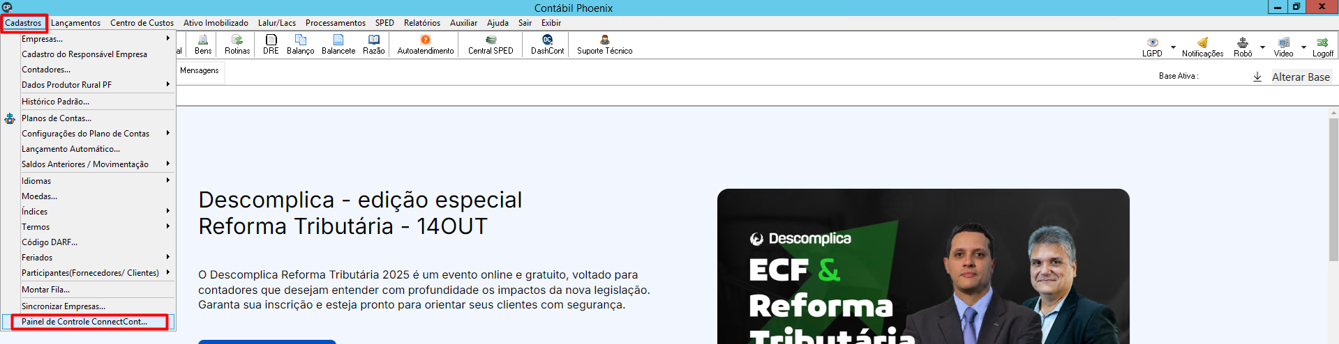 Menu 'Cadastros' do sistema Contábil, com a opção 'Painel de controle Connectcont' destacada para acesso à plataforma integrada.