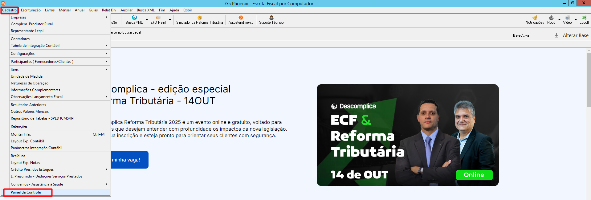 Menu 'Cadastros' do sistema G5, evidenciando a opção 'Painel de controle' para acesso à plataforma Connectcont.
