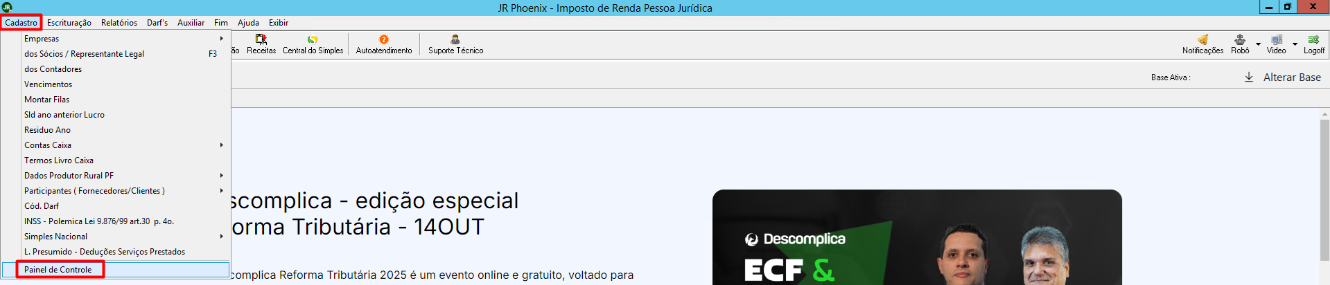 Menu 'Cadastros' do sistema, mostrando a opção 'Painel de controle' em destaque para acesso ao Connectcont.
