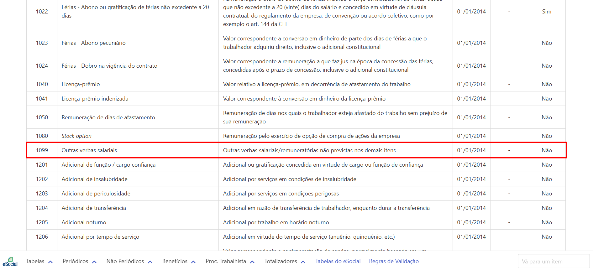 Cadastro do evento '1/3 de férias' no sistema. Destaque para a rubrica eSocial '1099' e a incidência de INSS '15' que causam o erro.