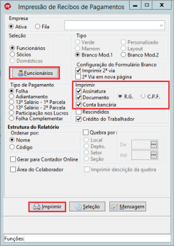 Tela 'Impressão de recibos de pagamentos'. Destaque em 'Funcionários', opções 'Documento', 'Conta bancária' e 'Imprimir'.