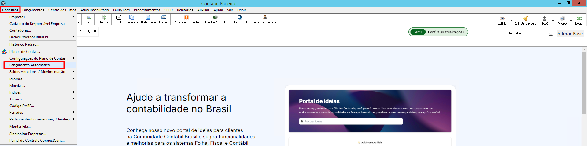 Menu principal do sistema 'Contábil', com o cursor sobre 'Lançamento automático' dentro da opção 'Cadastros'.