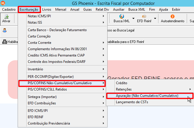 Menu 'Escrituração', 'PIS/COFINS não cumulativo/cumulativo', com a opção 'Apuração (não cumulativo/cumulativo)' destacada.