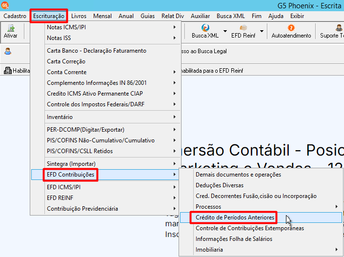 Menu 'Escrituração', 'EFD Contribuições', com a opção 'Crédito de períodos anteriores' destacada.