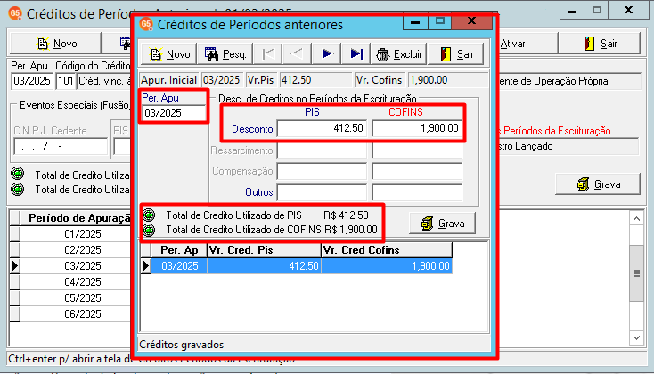 Tela 'Créditos de períodos anteriores' mostrando o uso total do crédito de 03/2025 nos campos de Desconto e Total utilizado.