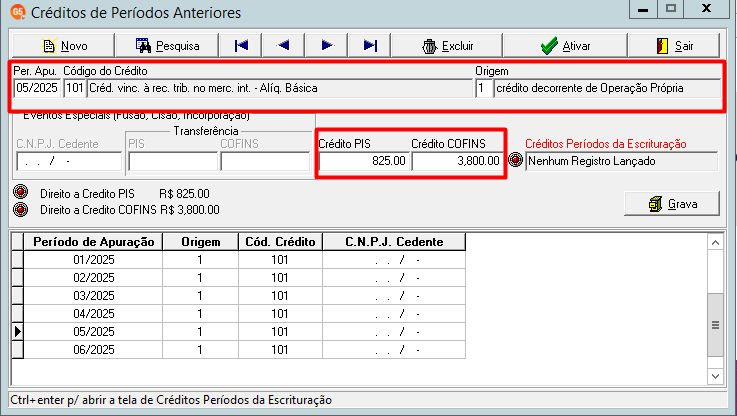 Tela 'Créditos de períodos anteriores' (Per. apu. 05/2025) destacando os créditos disponíveis e 'Nenhum registro lançado'.