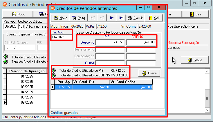 Tela 'Créditos de períodos anteriores' (origem 06/2025) destacando o uso total do crédito no Período de apuração 06/2025.