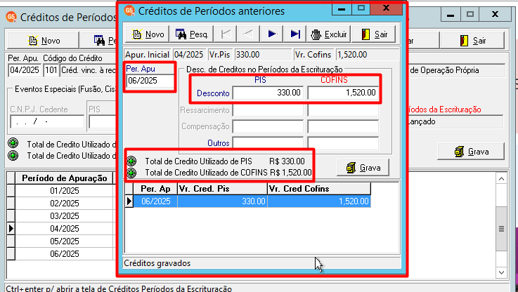 Tela 'Créditos de períodos anteriores' (origem 04/2025) destacando o uso total do crédito no Período de apuração 06/2025.