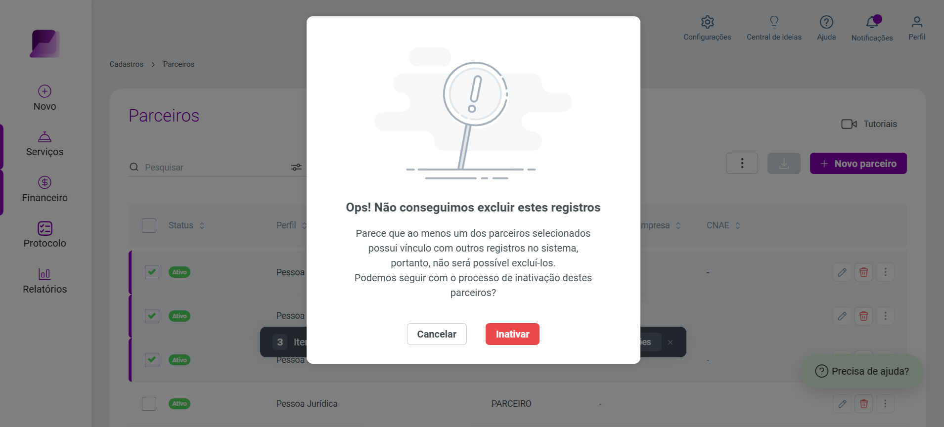 Tela modal 'Ops! Não conseguimos excluir estes registros', informando sobre vínculos existentes e sugerindo a inativação do parceiro.