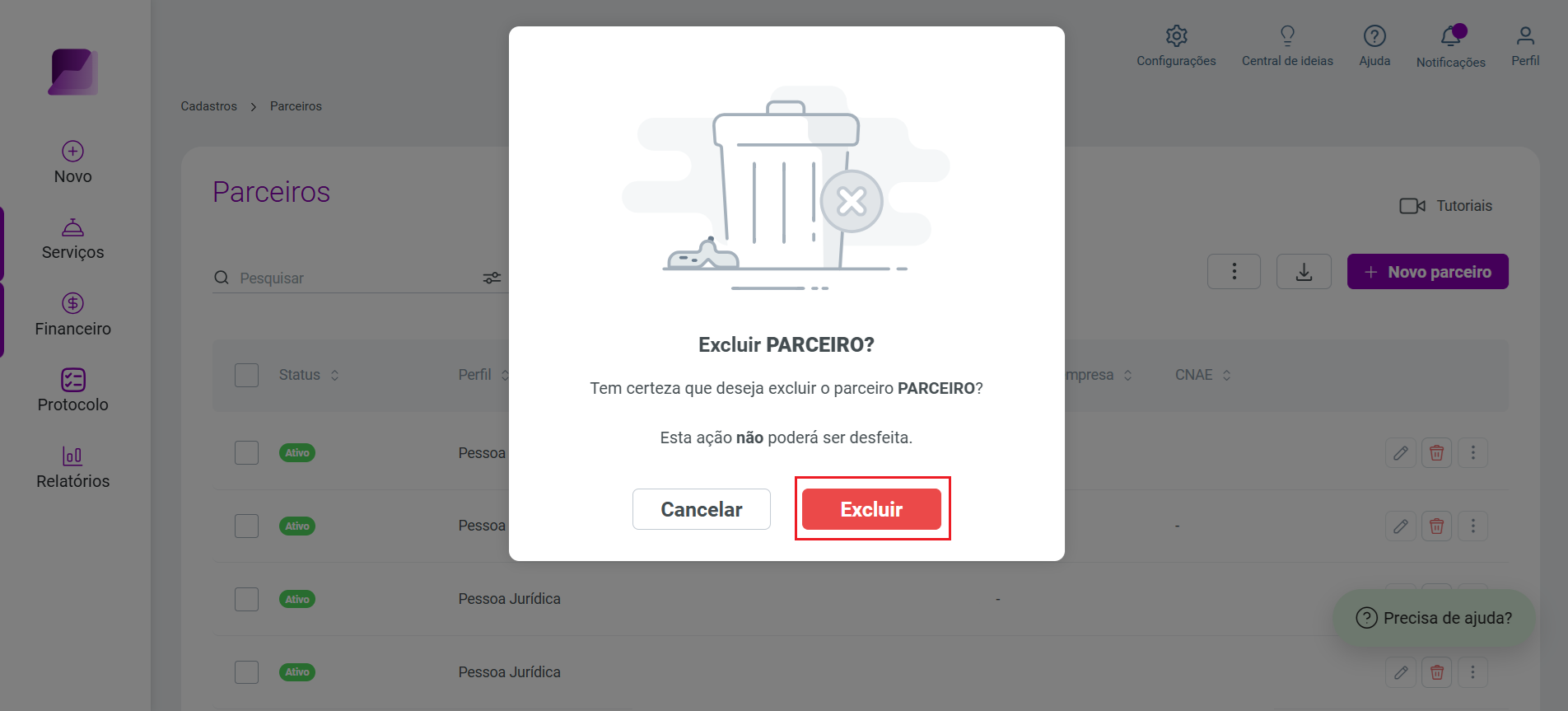 Tela modal de confirmação 'Excluir parceiro?', alertando que a ação não poderá ser desfeita, com o botão 'Excluir' em destaque.
