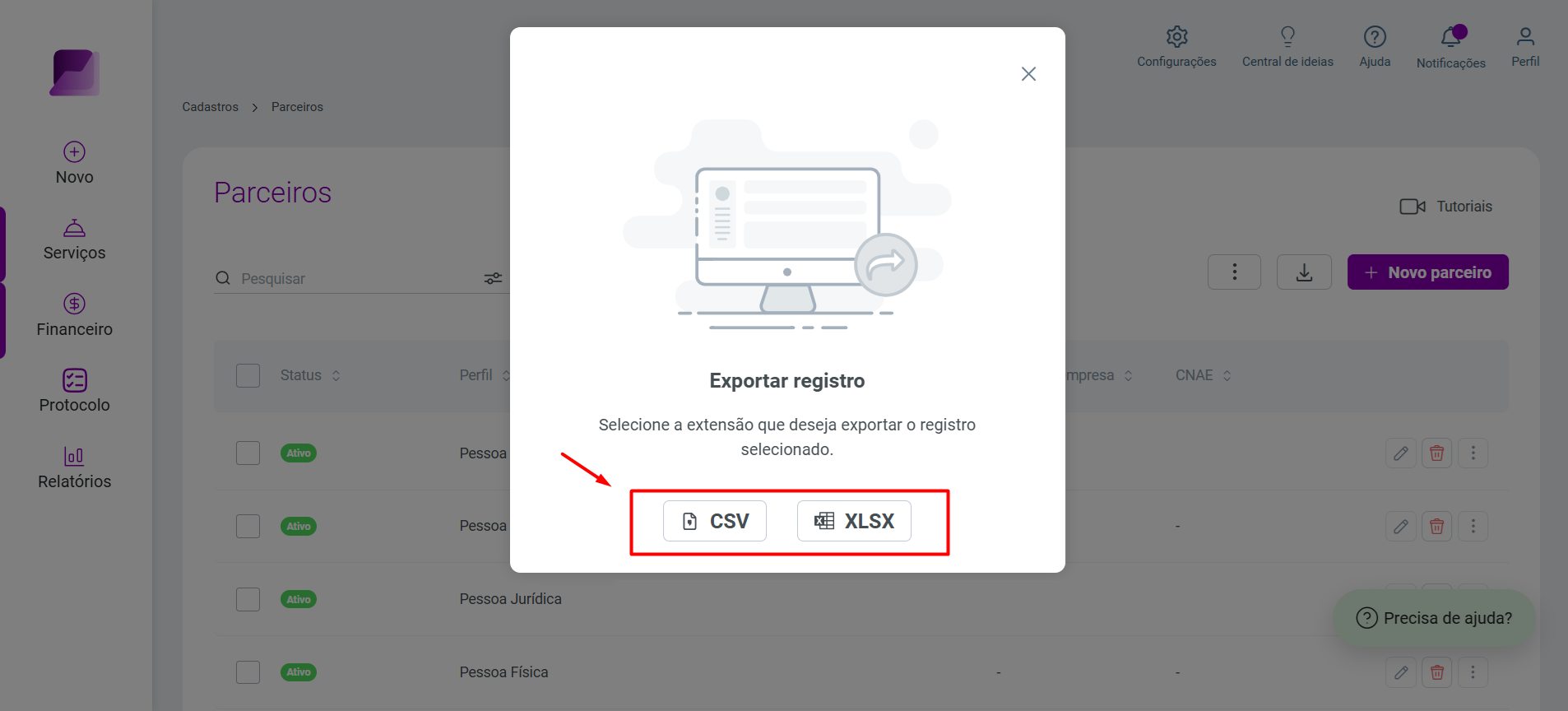 Modal 'Exportar registro' (individual) destacando as opções de formato 'CSV' e 'XLSX'.