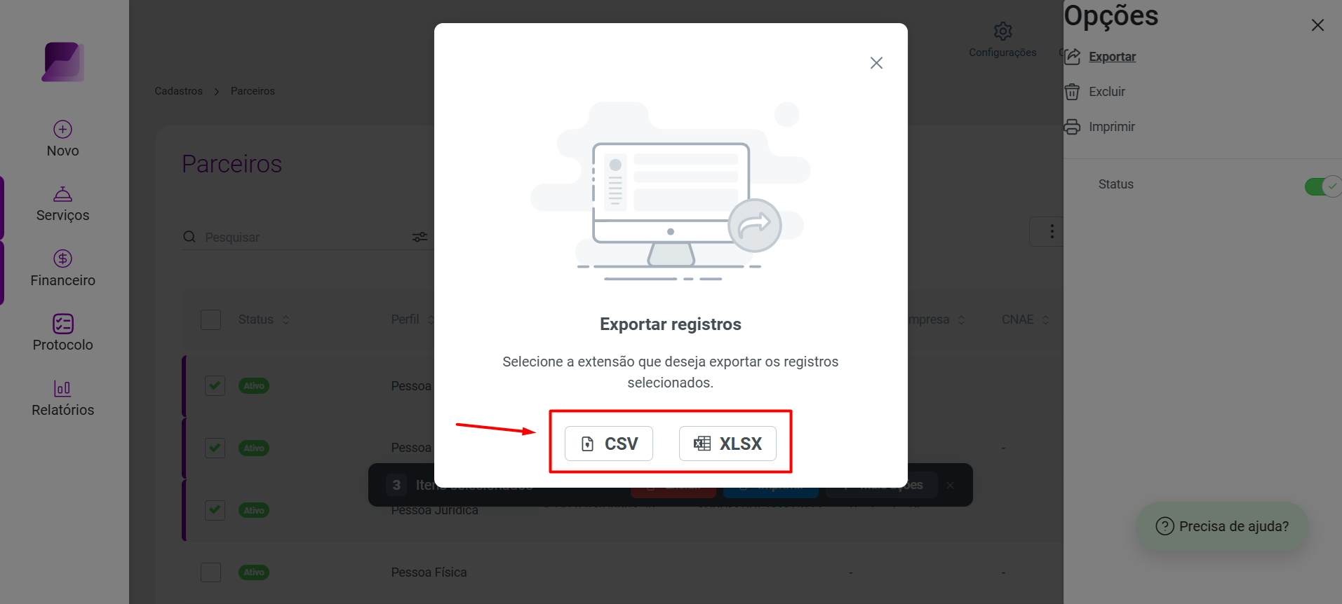 Modal 'Exportar registros' (para múltiplos) destacando as opções de formato 'CSV' e 'XLSX'.