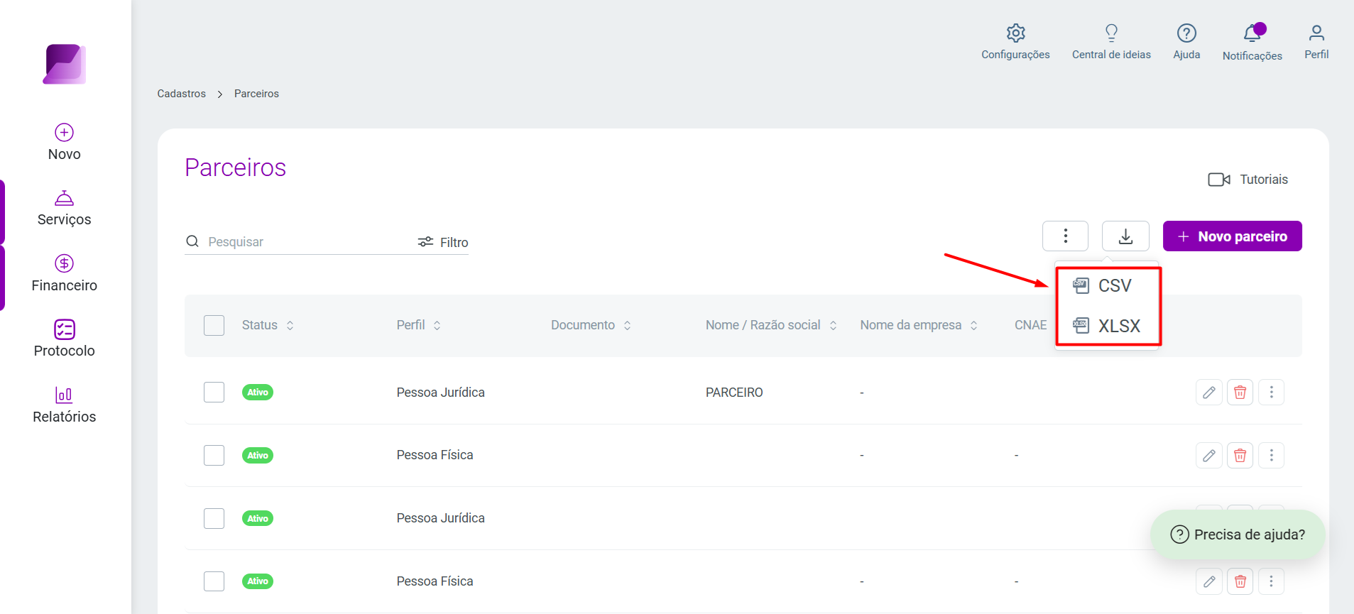 Tela Parceiros destacando as opções 'CSV' e 'XLSX' para exportar todos os registros.