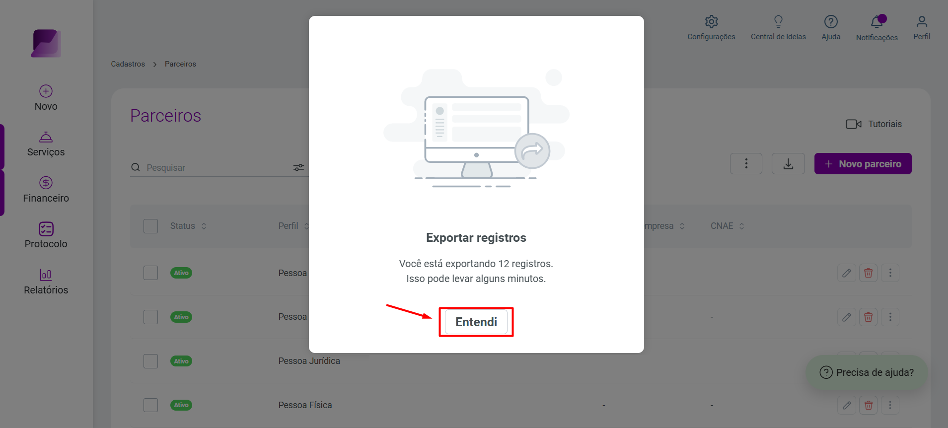 Modal 'Exportar registros' informando o início da exportação e destacando o botão 'Entendi'.