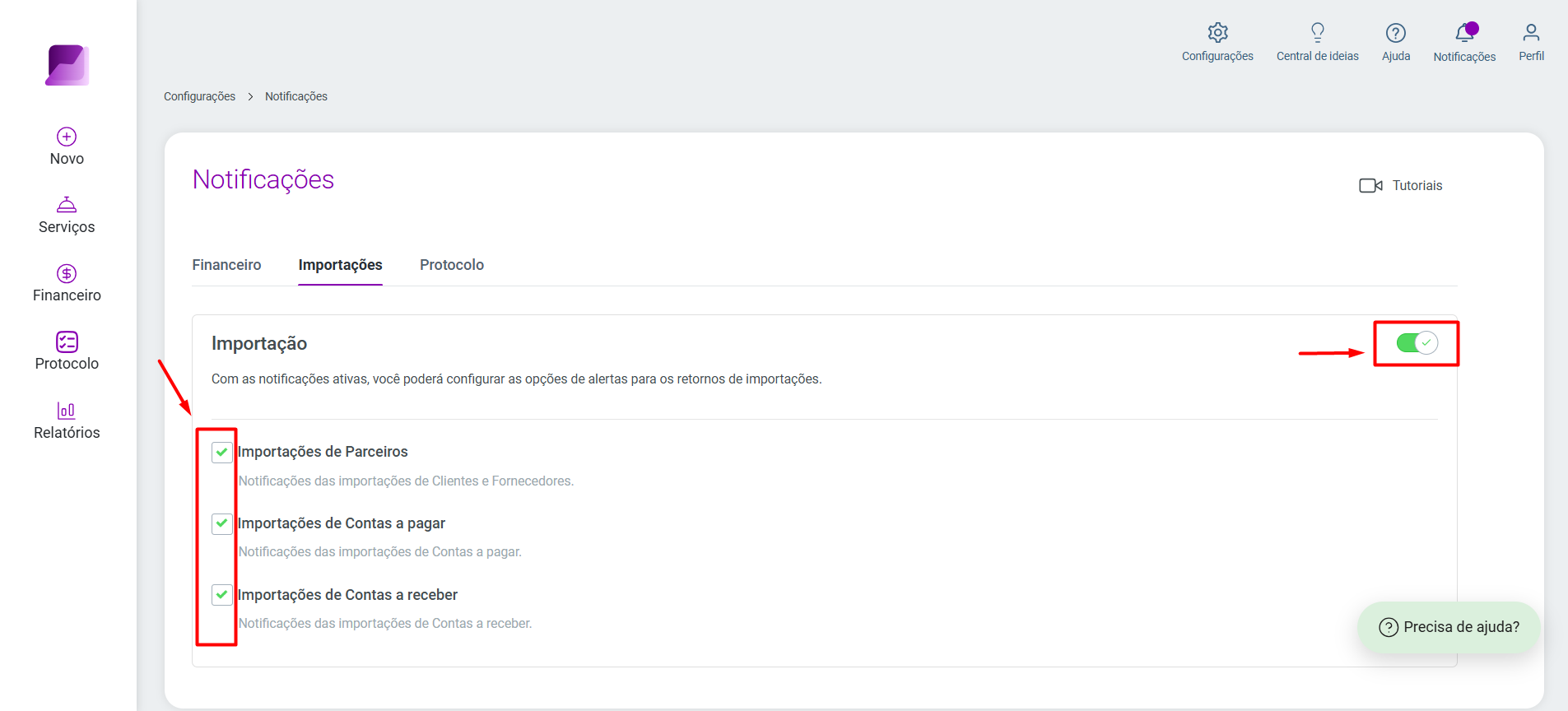Tela Notificações, aba Importações, destacando o seletor de ativação e as caixas de seleção de alertas.