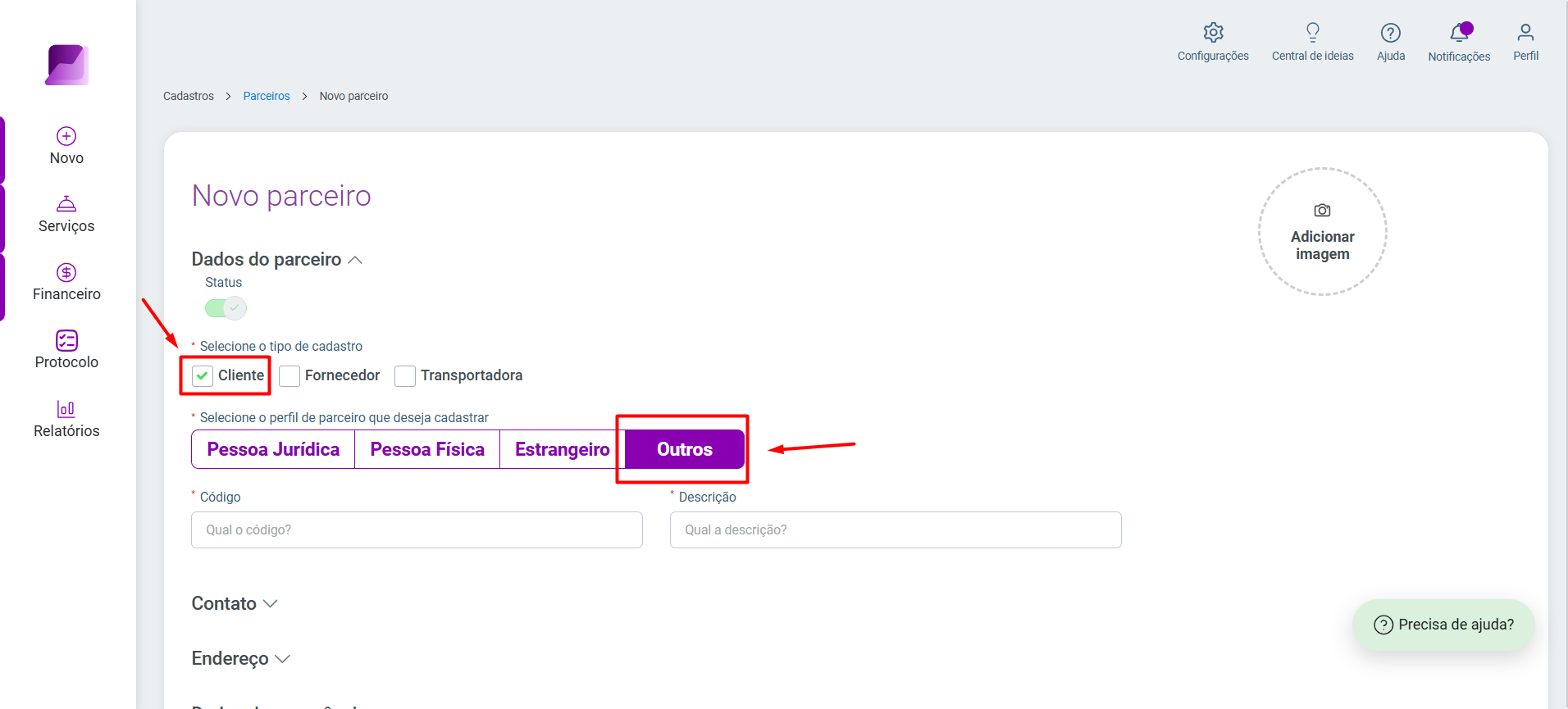 Tela de cadastro de 'Novo parceiro', destacando a opção 'Cliente' no tipo de cadastro e a opção 'Outros' no perfil.