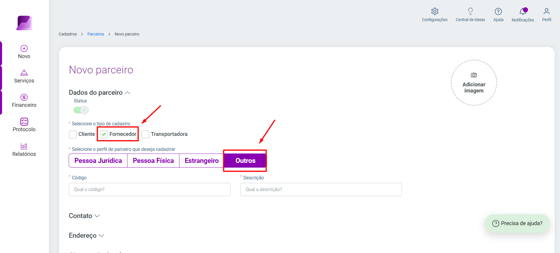 Tela de cadastro de 'Novo parceiro', destacando a opção 'Fornecedor' no tipo de cadastro e a opção 'Outros' no perfil.