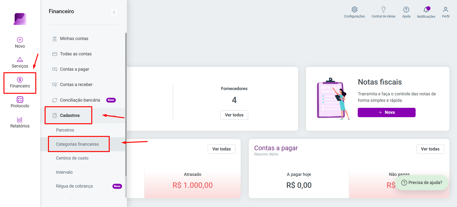Menu 'Financeiro' expandido. Destaca-se o caminho para acessar 'Cadastros' e 'Categorias financeiras'.