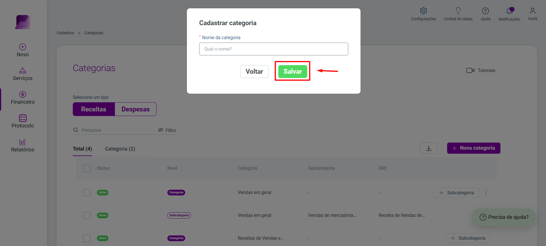 Pop-up 'Cadastrar categoria'. Destaca-se o campo 'Nome da categoria' para preenchimento e o botão 'Salvar' para finalizar.