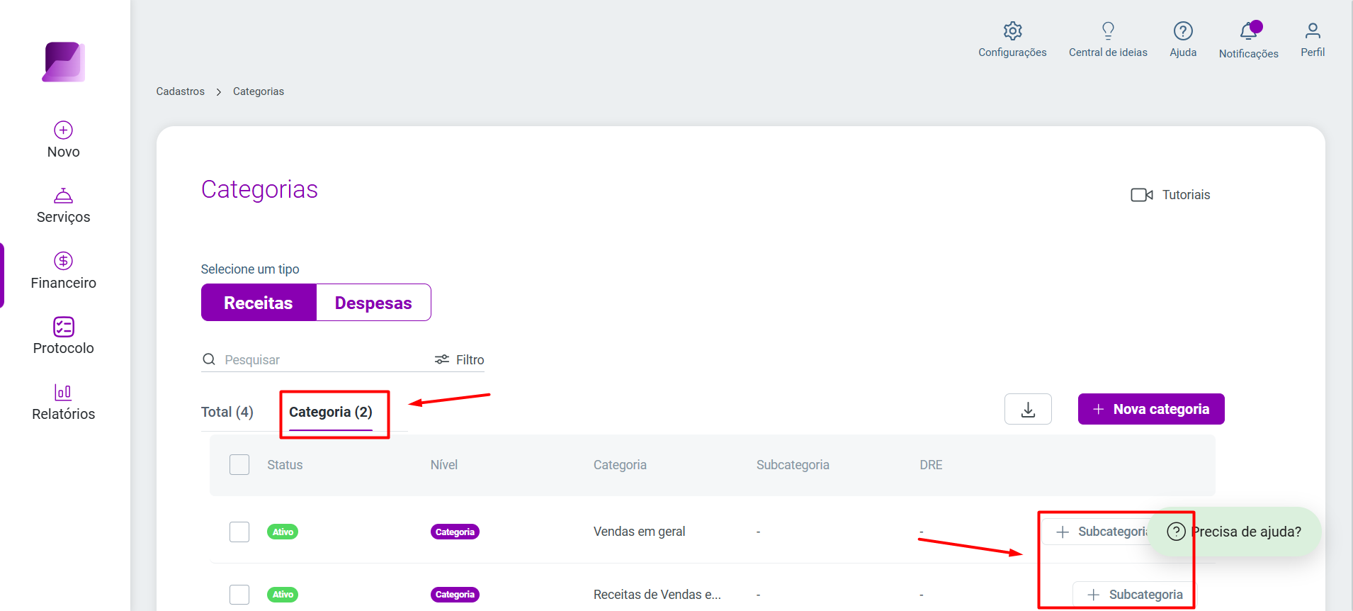 Tela de Categorias. Destaca-se o botão '+ Subcategoria' na linha da categoria 'Vendas em geral' para cadastro de um novo nível.
