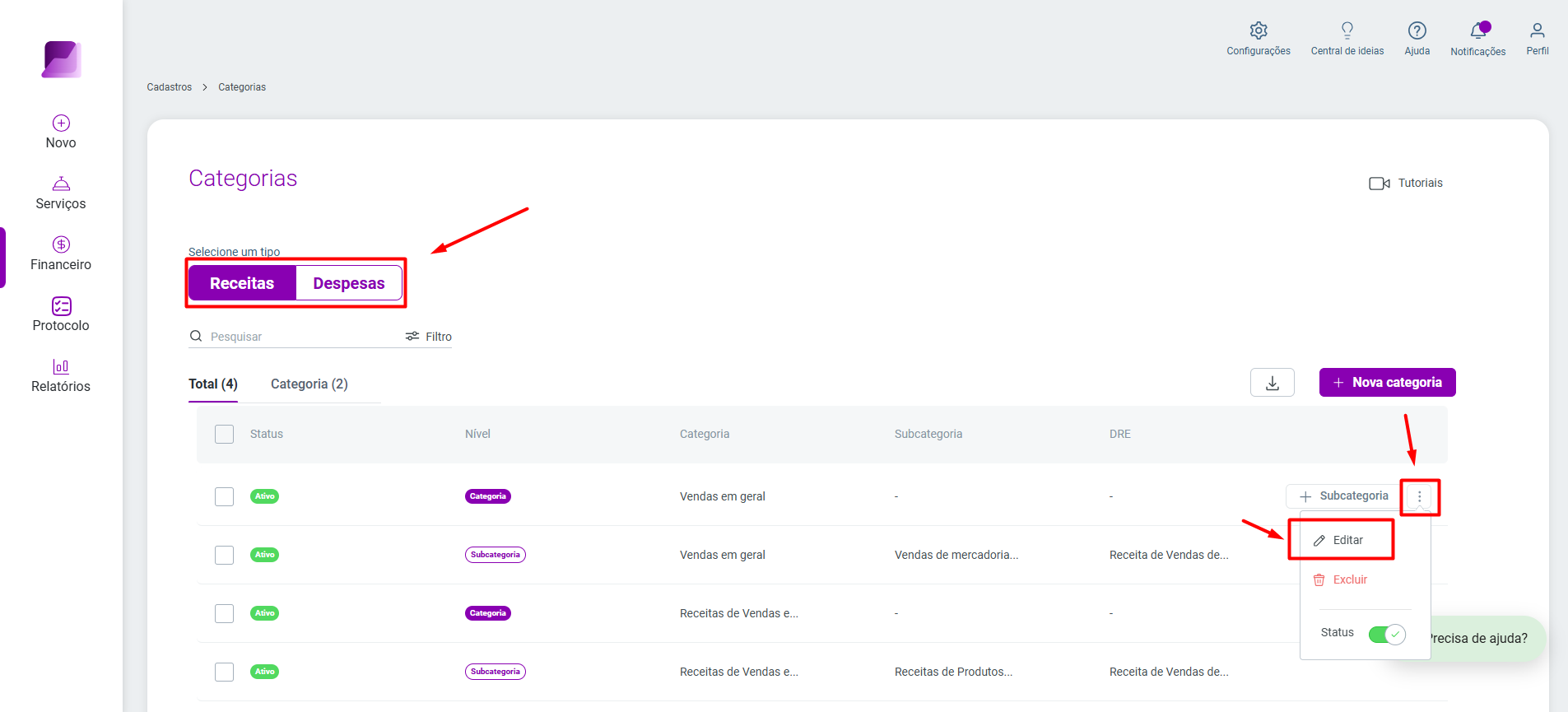 Tela de Categorias, com a aba 'Receitas' selecionada, destacando o menu de opções (três pontos) e o botão 'Editar' de uma categoria.