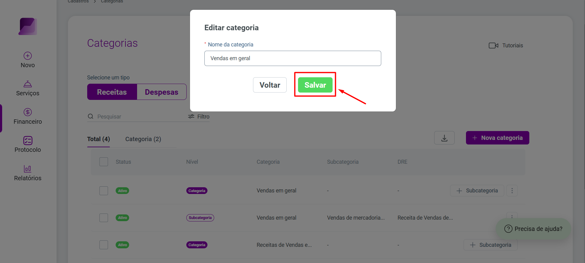 Modal 'Editar categoria' com o campo 'Nome da categoria' preenchido e o botão 'Salvar' destacado, indicando a confirmação da edição.