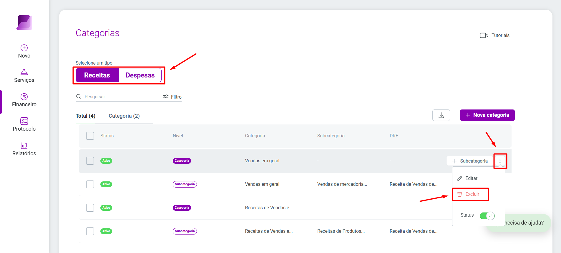 Tela de Categorias, na aba 'Receitas', destacando o menu de opções (três pontos) e a opção 'Excluir' para uma categoria específica.