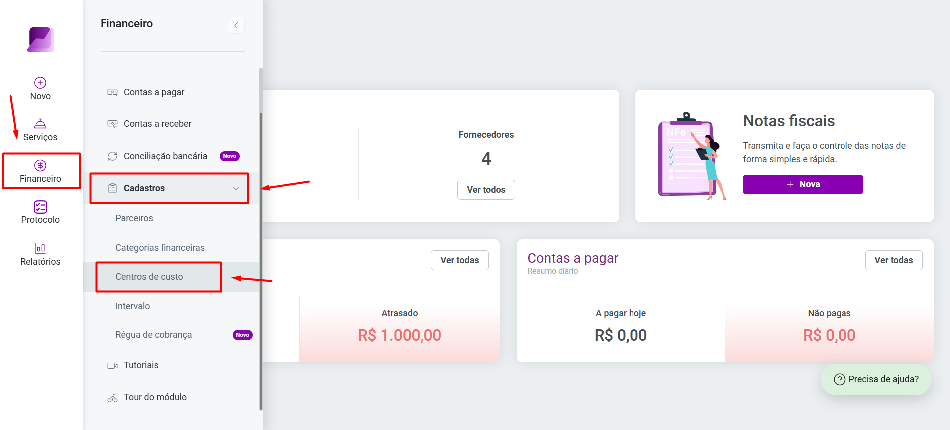 Tela do módulo Financeiro, destacando o caminho de acesso 'Cadastros' e 'Centros de custo' no menu lateral esquerdo.