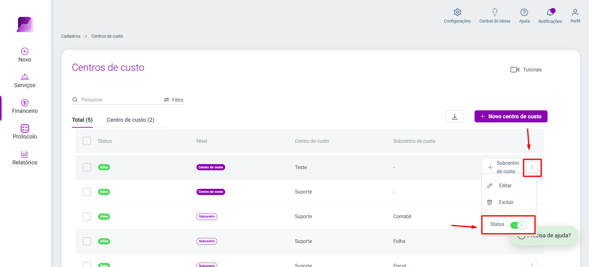 Tela de Centros de custo, destacando o menu de opções e a opção 'Status' para um item da lista.