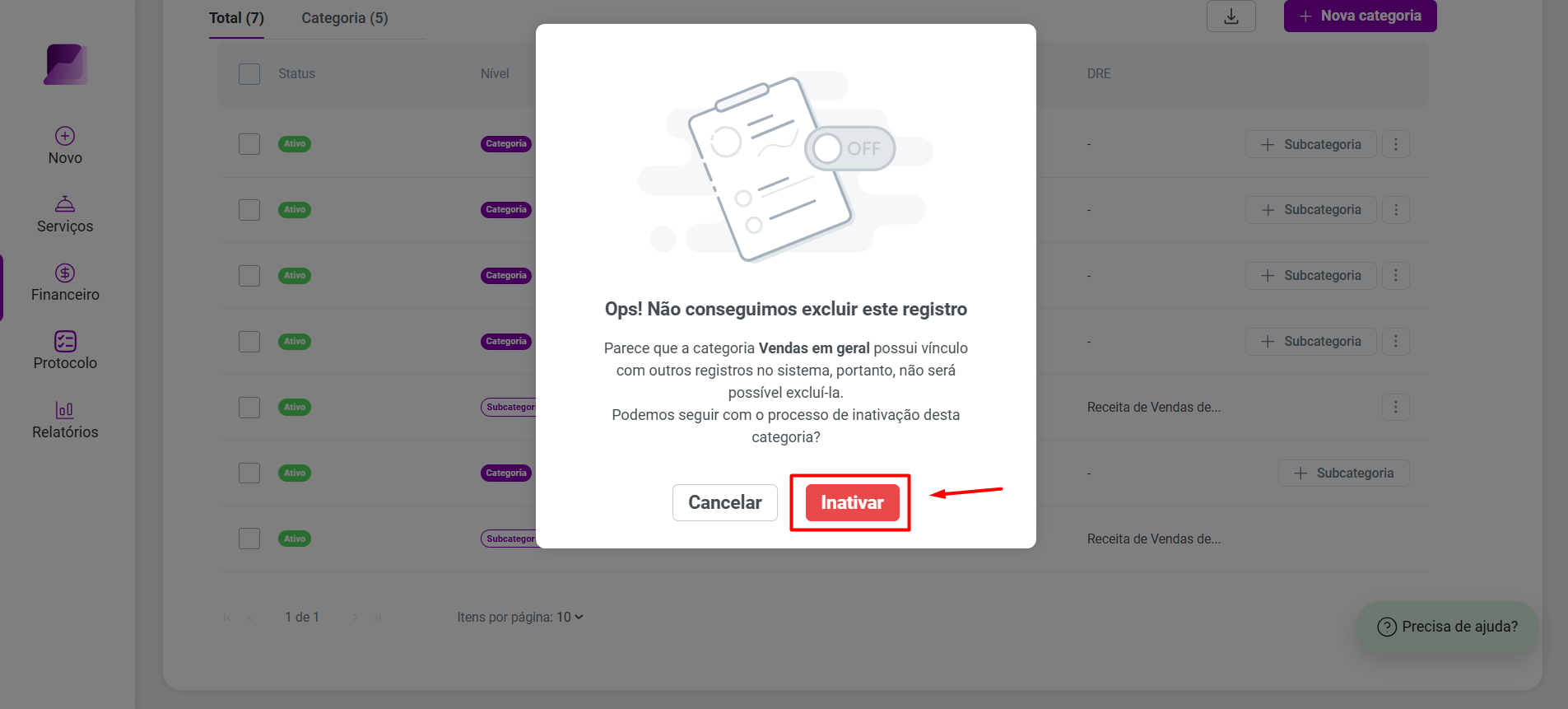 Modal de erro 'Ops! Não conseguimos excluir este registro', informando que a categoria possui vínculo, com o botão 'Inativar' destacado.