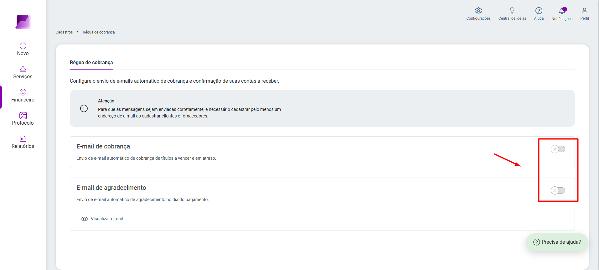 Tela de configuração da Régua de cobrança, destacando os botões de 'E-mail de cobrança' e 'E-mail de agradecimento' desativados.