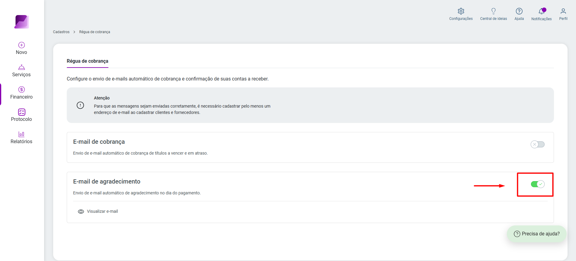 Tela de configuração da Régua de cobrança, destacando o botão de ativação para o 'E-mail de agradecimento'.