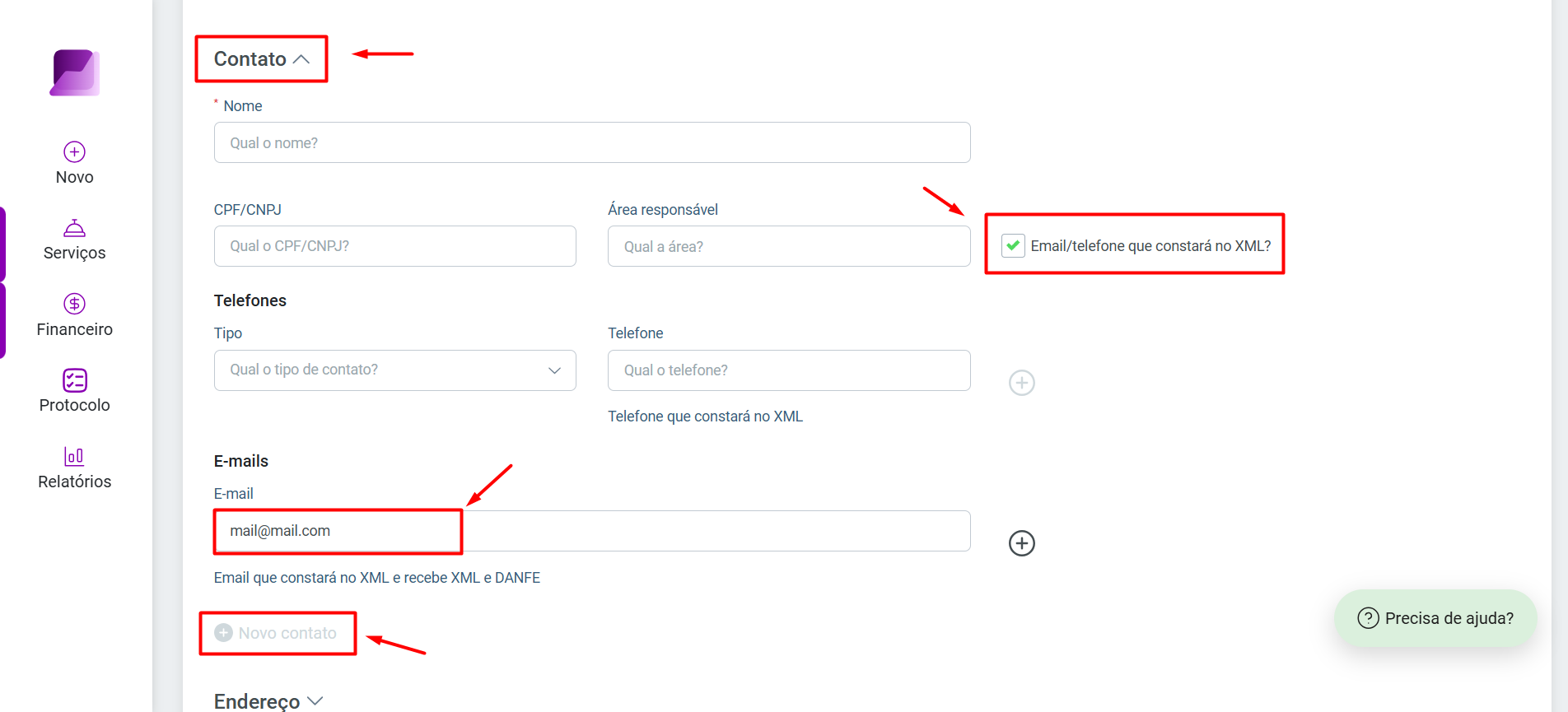 Tela de cadastro de Contato, destacando o campo 'E-mail', a opção 'E-mail/telefone que constará no XML?' e o botão '+ Novo contato'.