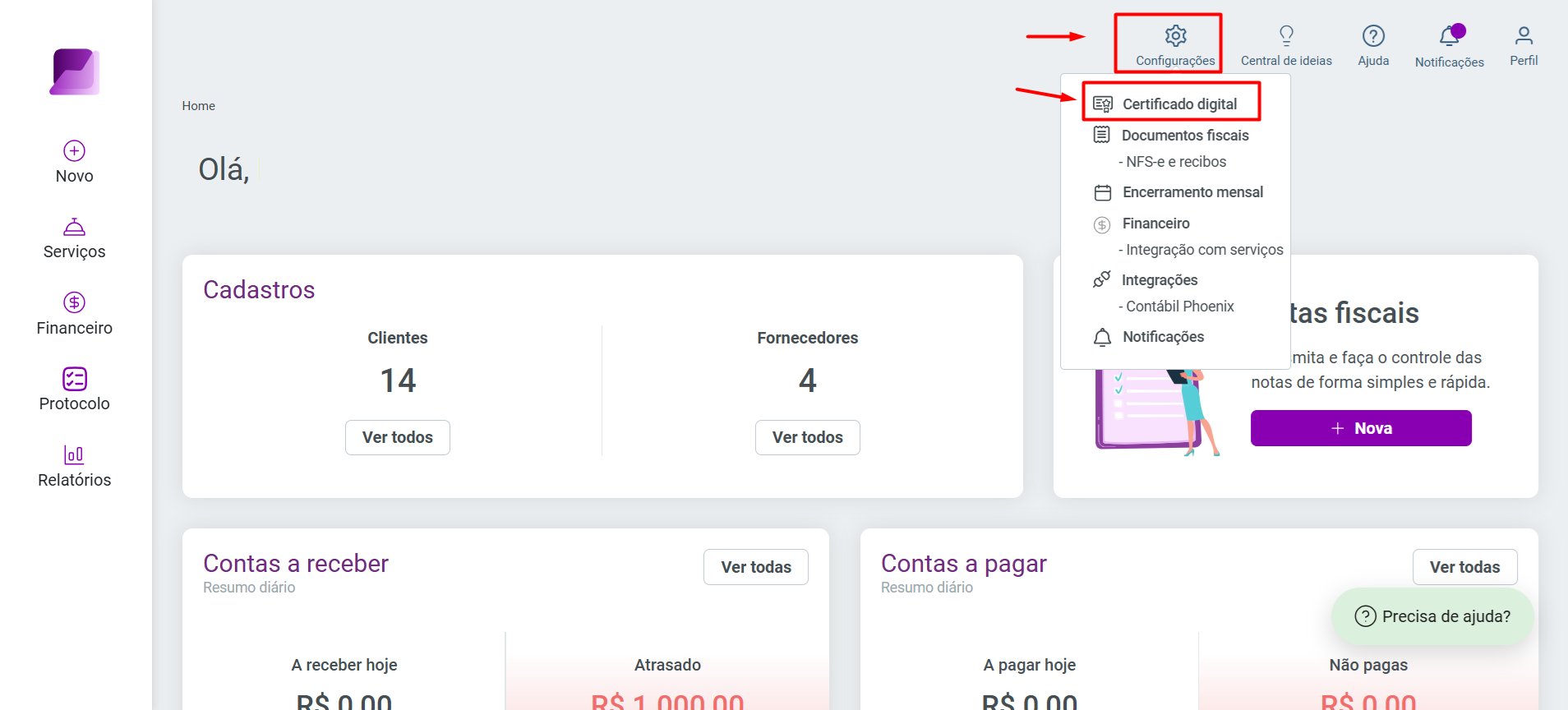 Tela inicial do sistema, destacando o menu 'Configurações' e a opção 'Certificado digital'.