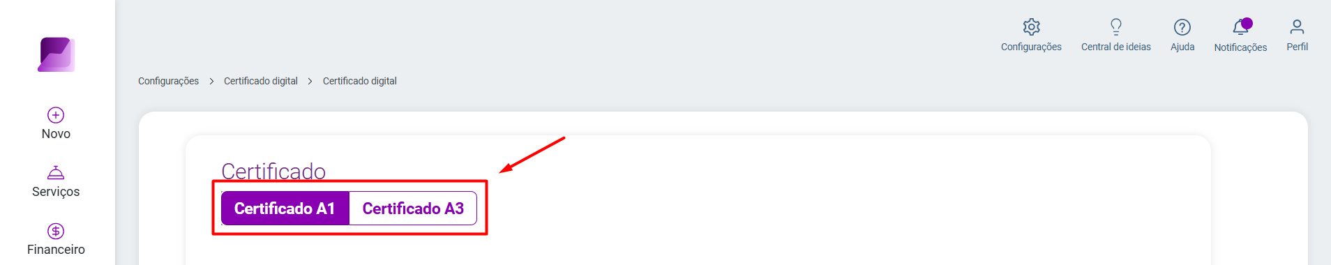 Tela de configuração de certificado, com destaque para as abas 'Certificado A1' e 'Certificado A3'.