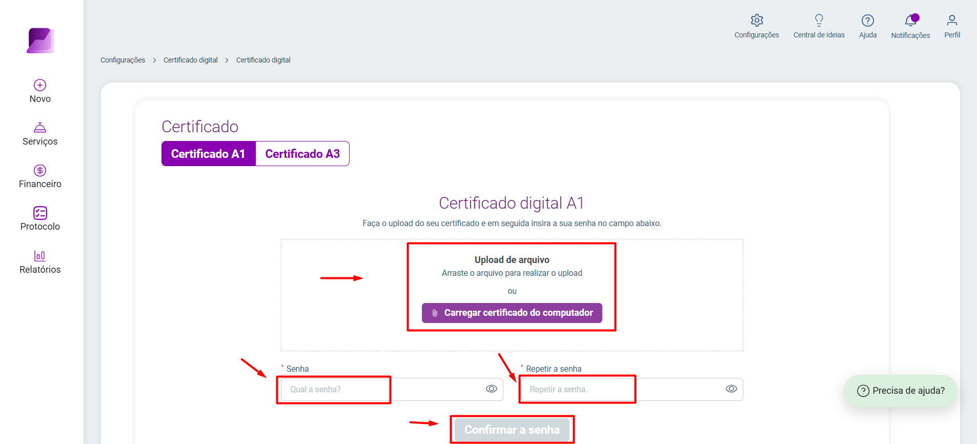 Tela de configuração do Certificado A1, destacando a área de upload, os campos de senha e o botão 'Confirmar a senha'.