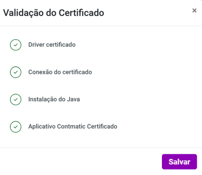 Modal de 'Validação do certificado' exibindo todos os itens validados com sucesso e o botão 'Salvar'.