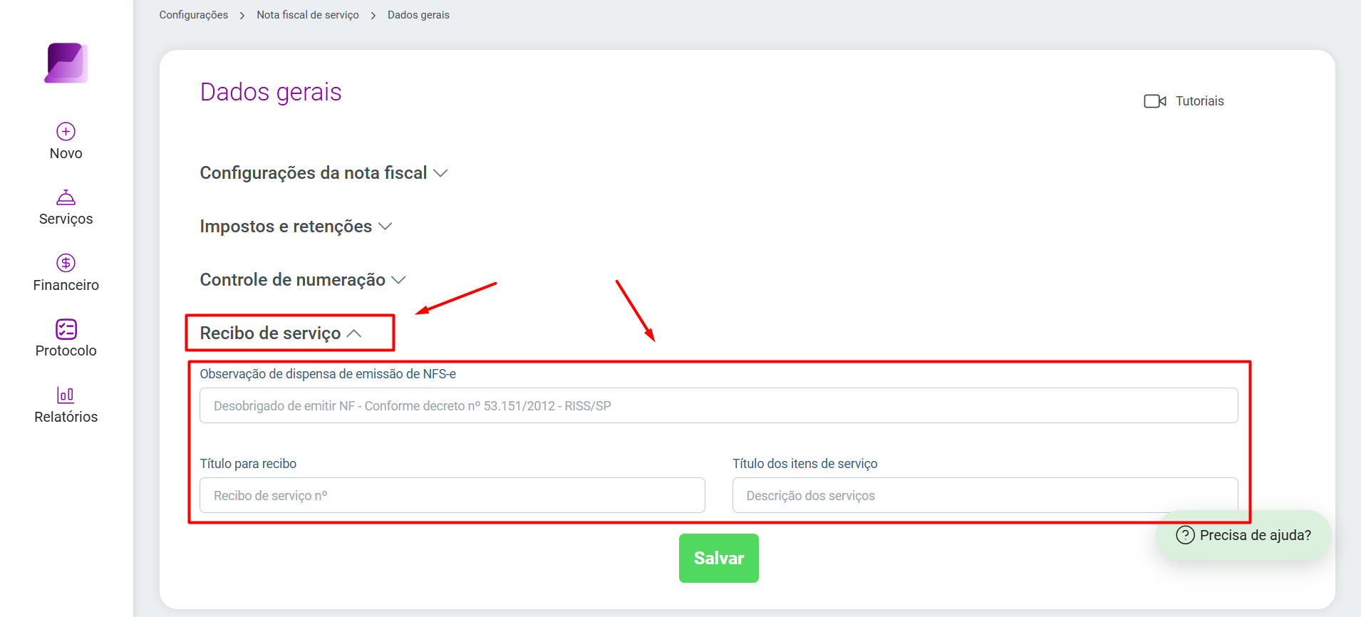Configuração do Recibo de serviço na tela 'Dados gerais', destacando os campos de 'Observação de dispensa', 'Título para recibo' e 'Título dos itens'.