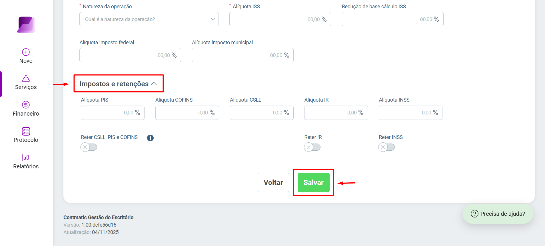 Parte final do cadastro de serviço, destacando a seção 'Impostos e retenções' e o botão 'Salvar'.
