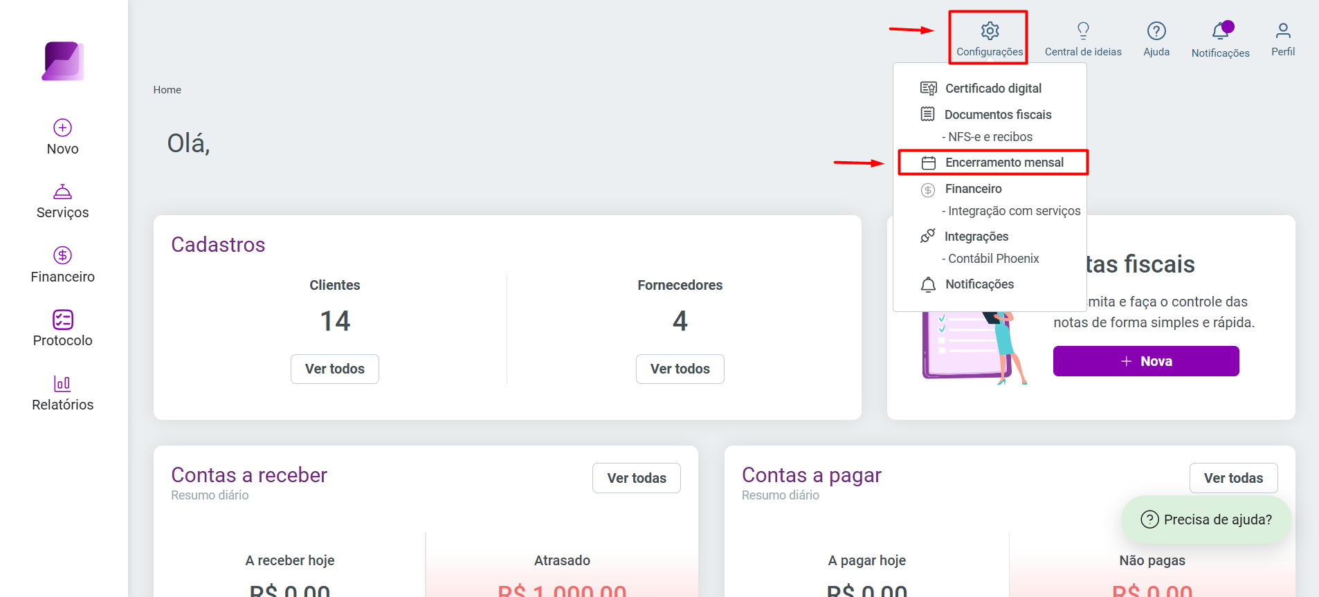 Tela inicial do sistema, destacando o menu 'Configurações' e a opção 'Encerramento mensal'.