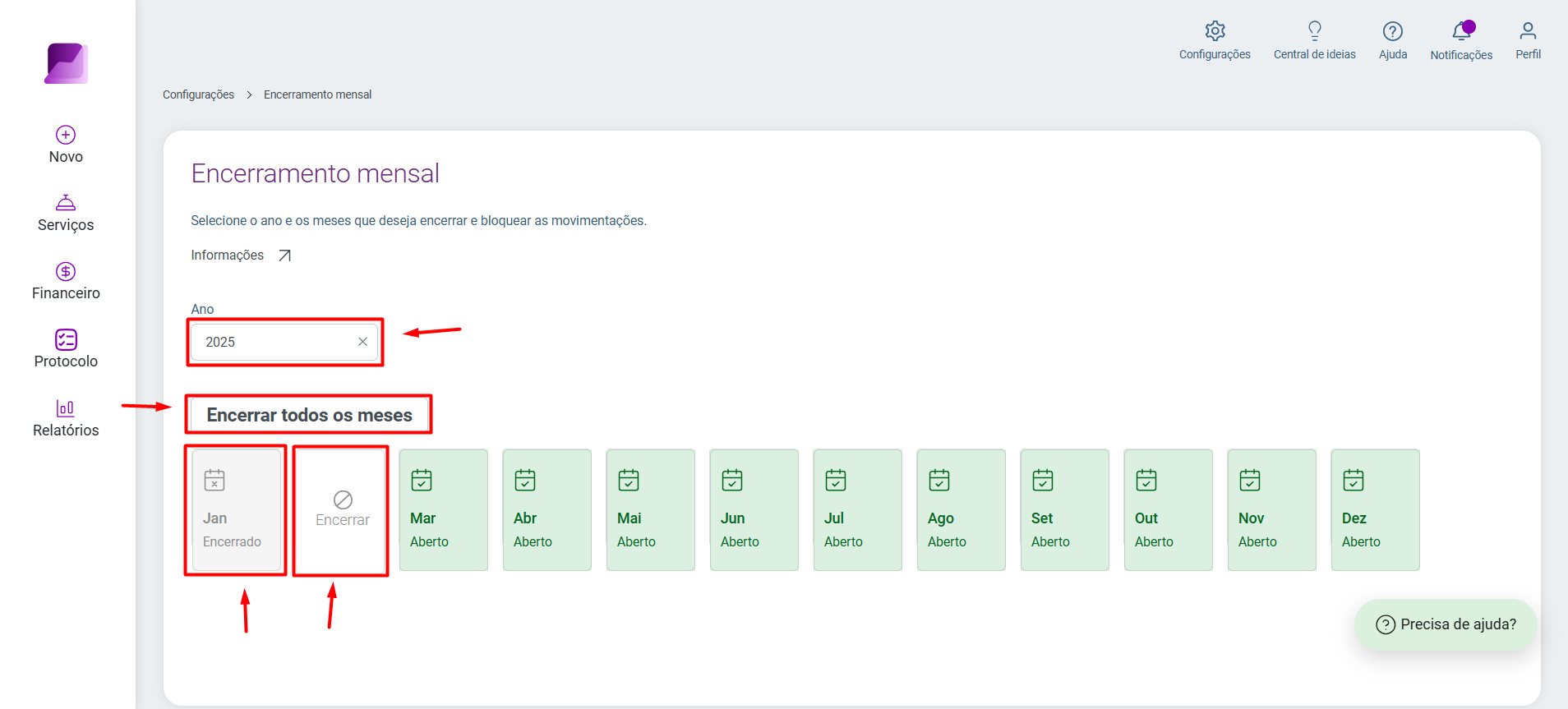 Tela 'Encerramento mensal' com o ano 2025 selecionado, destacando o botão 'Encerrar todos os meses' e os meses de 'Jan' e 'Fev' sendo alterados.