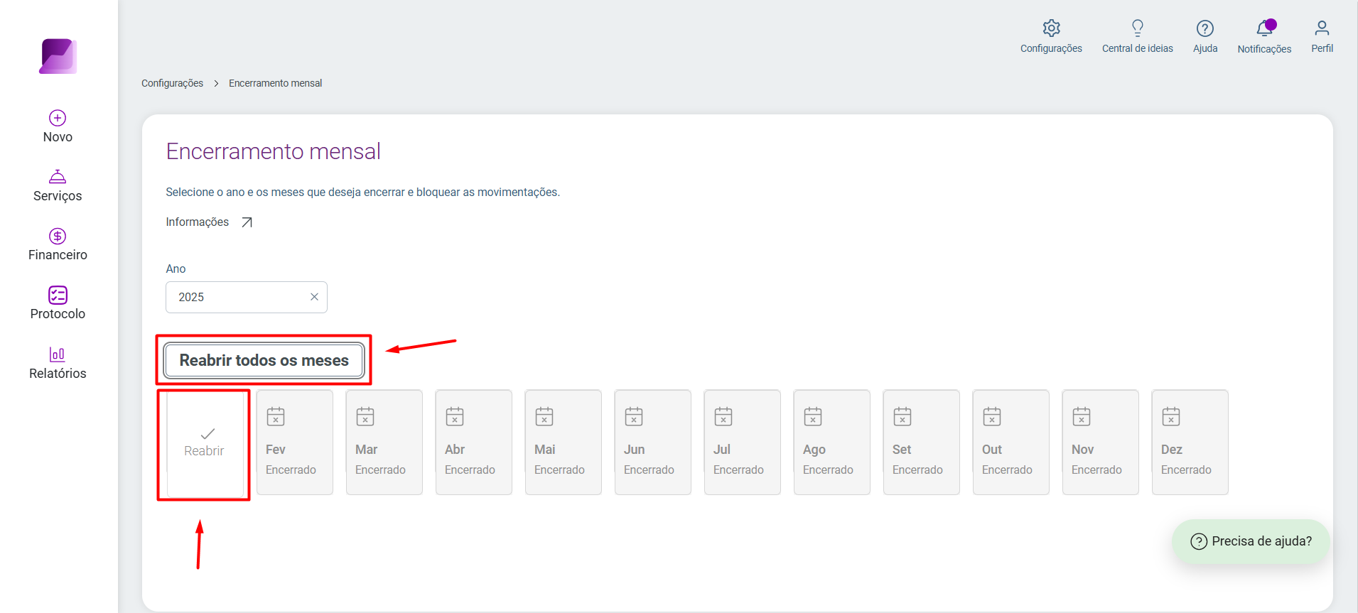 Tela 'Encerramento mensal' destacando o botão 'Reabrir todos os meses' e a opção 'Reabrir' no mês de Janeiro.