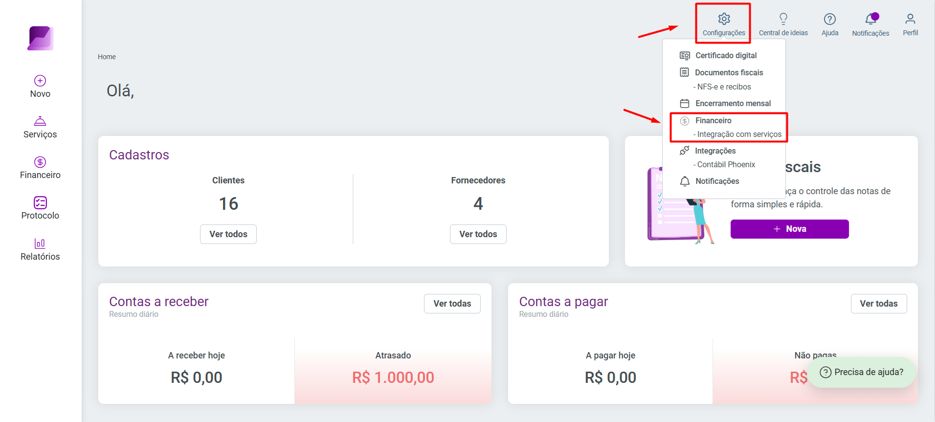 Tela inicial do sistema, destacando o menu 'Configurações' e o caminho 'Financeiro', 'Integração com serviços'.