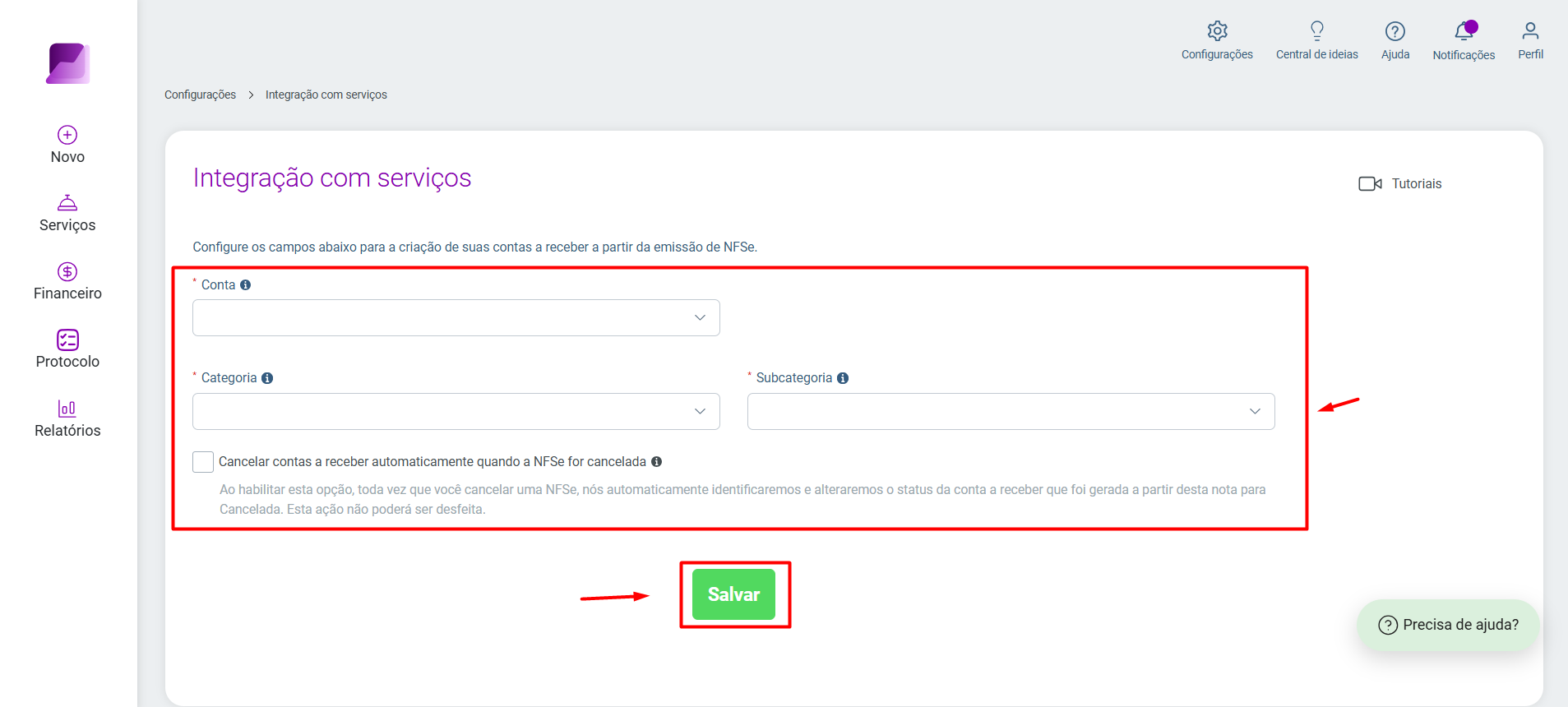 Tela 'Integração com serviços', destacando os campos 'Conta', 'Categoria', 'Subcategoria' e o botão 'Salvar'.